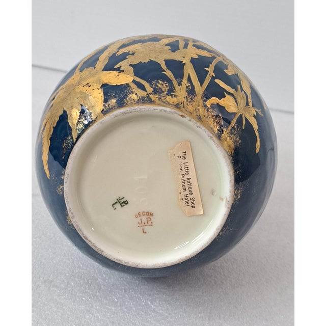 Antique Jean Pouyat Limoges Cobalt Blue & Gilt Porcelain Bottle Vase With Branch Handle For Sale - Image 9 of 12