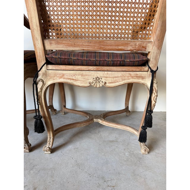 Vintage Hollywood Regency Louis XV-Style Carved Wood & Cane Armchairs – A Pair For Sale - Image 12 of 13