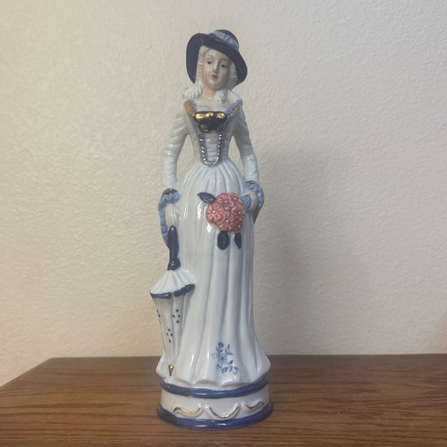 Victorian Vintage Mid-Century Glazed Porcelain Figurine of a Victorian Lady With Parasol For Sale - Image 3 of 12