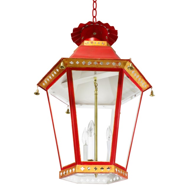 Metal Vintage Chinoiserie Red Tole Hanging Lantern Chandelier With Brass Bells For Sale - Image 7 of 14