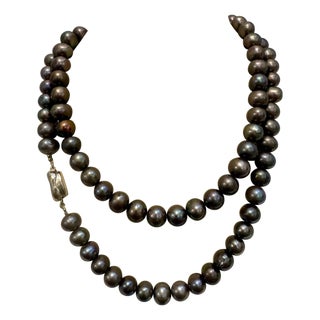 Fresh Black Water Round Pearl Single Strand Necklace, Opera Length, Silver Clasp For Sale