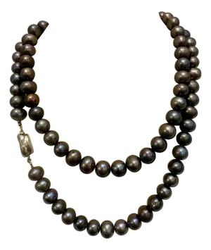 Fresh Black Water Round Pearl Single Strand Necklace, Opera Length, Silver Clasp