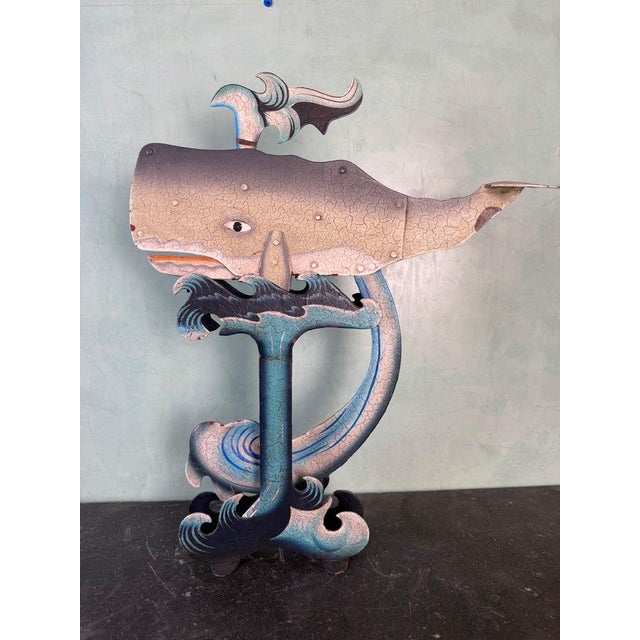 Vintage Folk Art Carved Whale Kinetic Sculpture on Stylized Ocean Base For Sale - Image 4 of 10