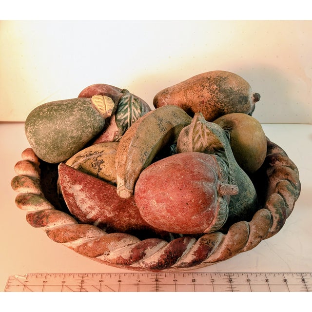 1960s Large 16" Vintage Mexican Terracotta Centerpiece Bowl & 10-Piece Fruit Set For Sale - Image 5 of 6