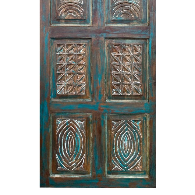 Mid-Century Modern Artisan-Carved Vintage Blue Barn Door – Decorative Closet Door & Architectural Statement Door 80x36 For Sale - Image 3 of 5