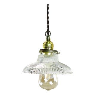 1960s Holophane Clear Glass Vintage Industrial Pendant Light 10 For Sale