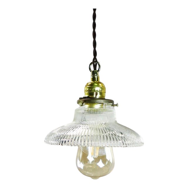 1960s Holophane Clear Glass Vintage Industrial Pendant Light 10 For Sale