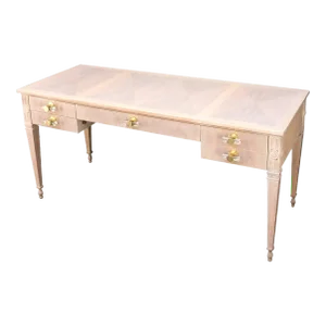 Baker Bleached Walnut Lucite & Brass Pulls 4 Drawer Low Profile Desk Console