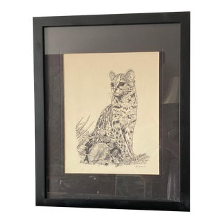 Signed Jan Jellins 1977 "Baby Wild Cat" Black Ink Drawing Print, Framed For Sale