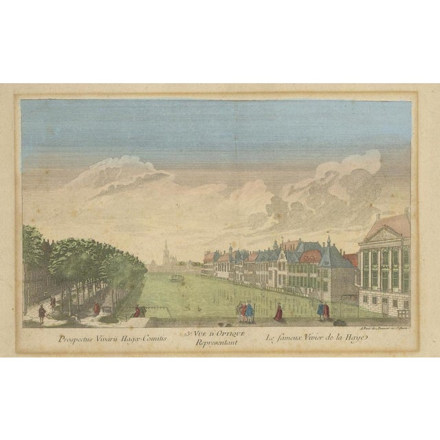 Optica View The Hague Hofvijver & Binnenhof, Basset c.1770 Hand-Colored Print This is a fine hand-colored optical print...