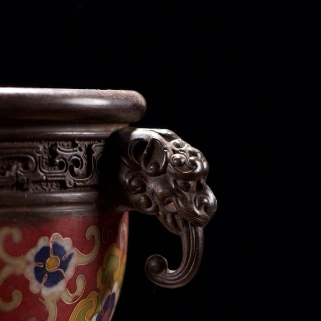 Vintage Cloisonné Enamel Censer With Beast Handles and Lotus Motif For Sale In Los Angeles - Image 6 of 9