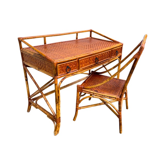 Vintage Burnt Bamboo Wicker Desk and Chair Set 2 Pieces Chairish
