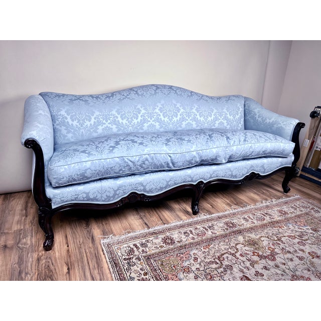 French Vintage Louis XV Rococo Style Sofa in Newer Pale Blue Damask Upholstery For Sale - Image 3 of 9