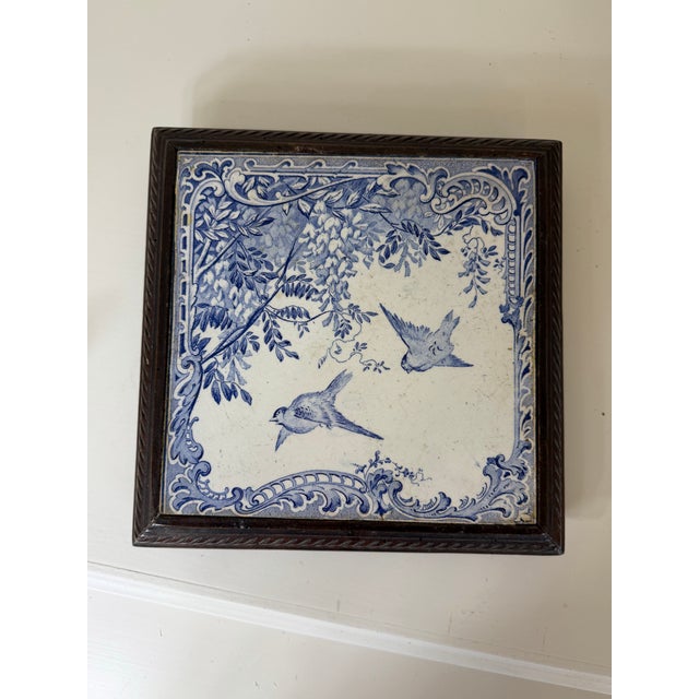 Wood Vintage French Blue & White Faience Tile Trivet in Carved Wood Frame For Sale - Image 7 of 12