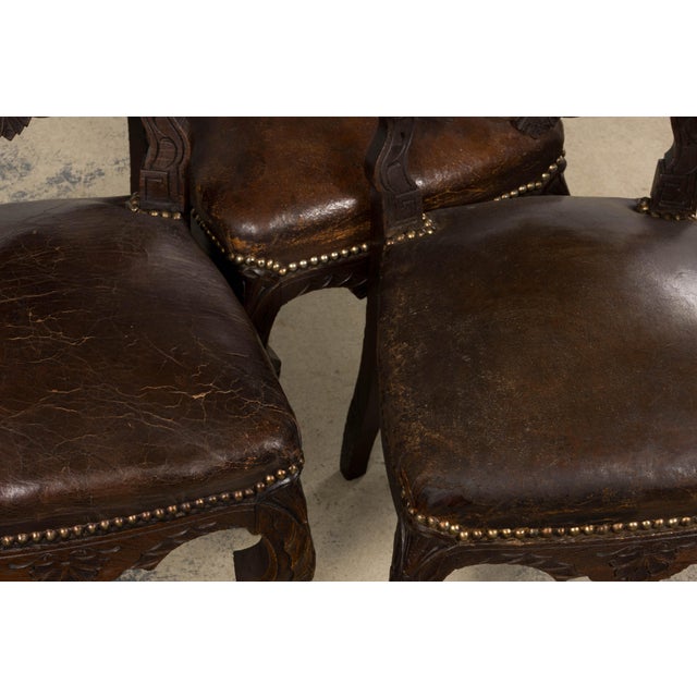 Wood Antique French Louis XV Style Oak Dining Chairs W/ Brown Leather - Set of 8 For Sale - Image 7 of 18