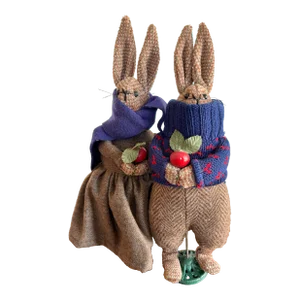 1980s Well-Dressed Rabbits Christmas Winter Mantel Decor- a Pair