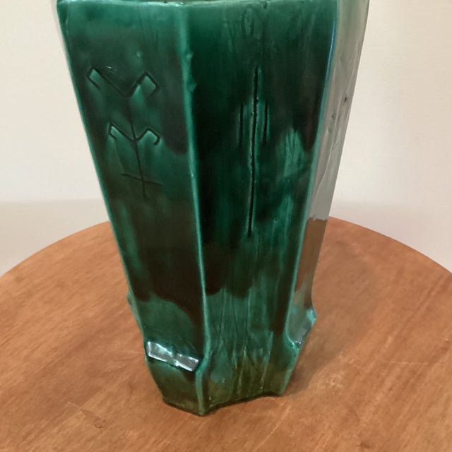 Rare Vintage Emerald Green Ceramic Vase W/Etched Design and Geometric Runes Symbols Signed Circa 1961 For Sale - Image 4 of 12