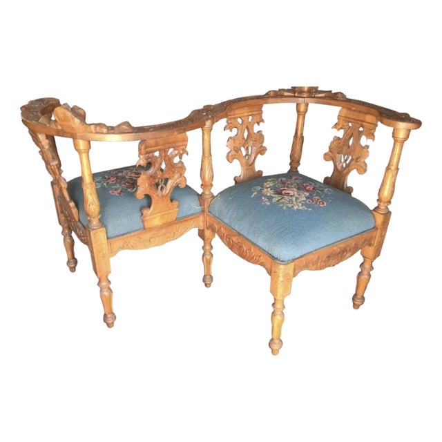 Antique Italian Renaissance Revival Bench Tete-a-Tete Carved For Sale