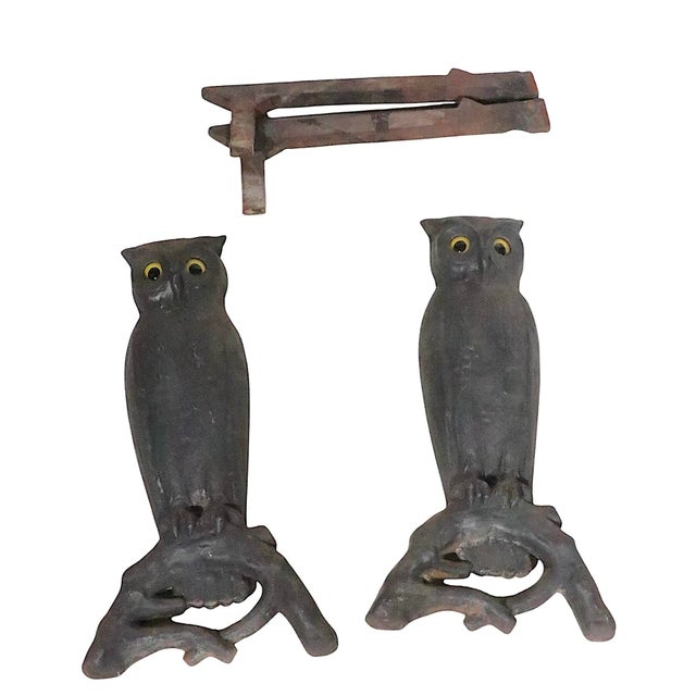 Large Pair of Vintage Arts and Crafts Rustic Victorian Owl Andirons With Glass Eyes For Sale - Image 14 of 14