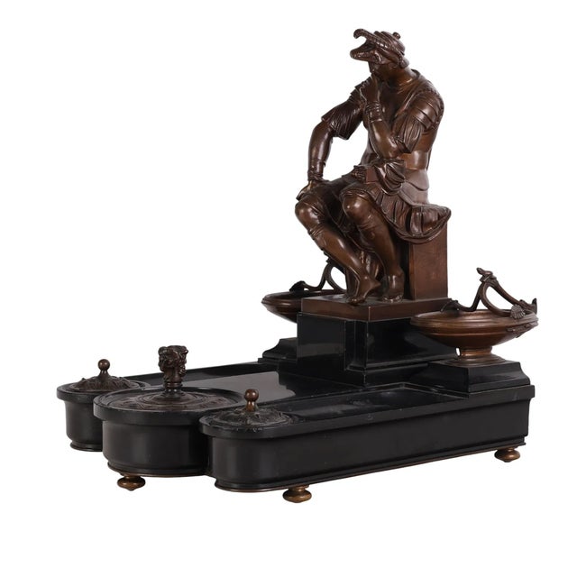 Antique F Barbedienne French Bronze Seated Roman Bronze & Marble Inkwell. The back of the figure bears the Barbedienne...