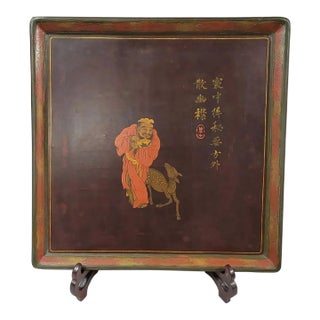 19th C Chinese Lacquer Tray With Longevity Deity and Deer For Sale