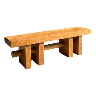 Wood Bench with Openwork Base Crossed by a Cylinder For Sale
