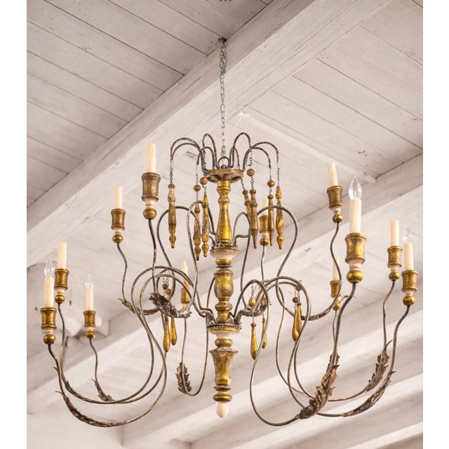 Gold Monumental Swedish Gustavian 12-Light Iron & Parcel GiltWood Chandelier, Rewired For Sale - Image 8 of 12