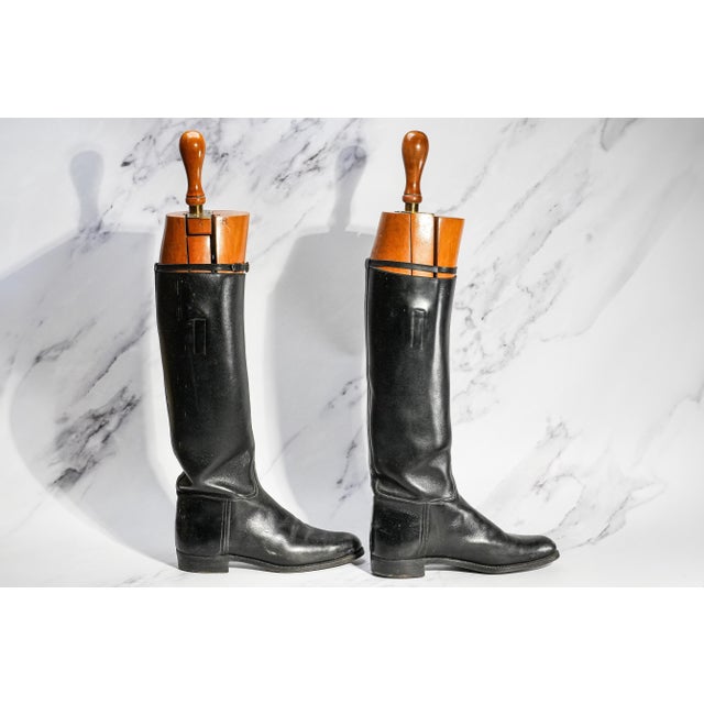 Black Nice Classic Antique English Black Leather Riding Boots With Wood Trees Home Decor Prop For Sale - Image 8 of 9