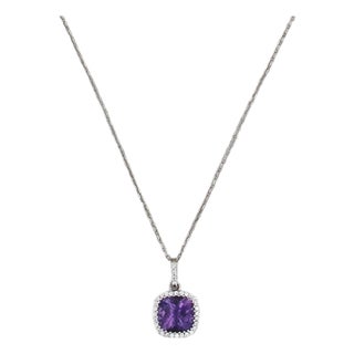 1.47ctw Amethyst Diamond Halo Pendant Necklace 18k White Gold 16.25" Cable Chain For Sale