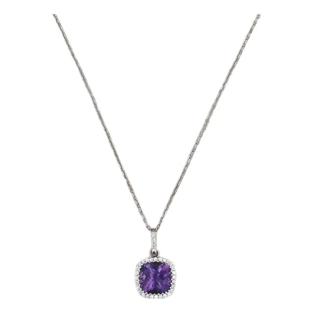 1.47ctw Amethyst Diamond Halo Pendant Necklace 18k White Gold 16.25" Cable Chain For Sale