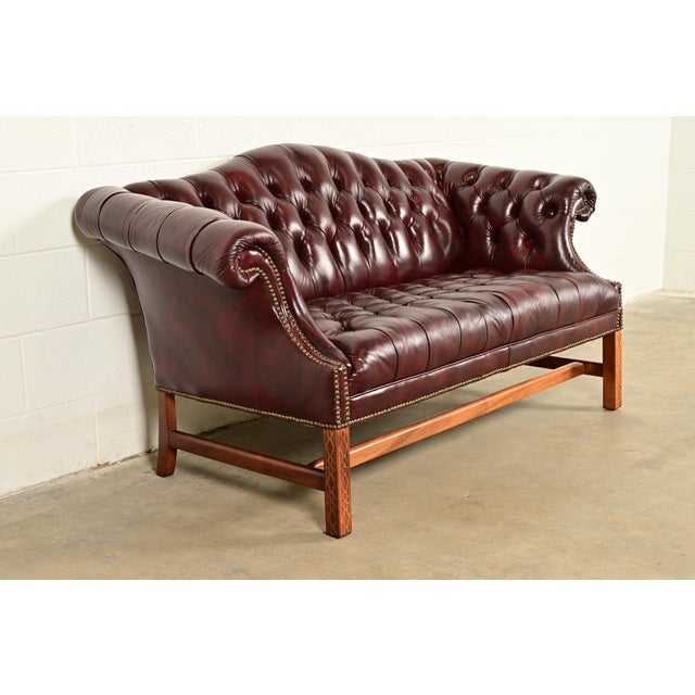Hancock & Moore Hancock and Moore Style Vintage Chippendale Tufted Oxblood Leather Camelback Chesterfield Sofa, Circa 1980s For Sale - Image 4 of 14