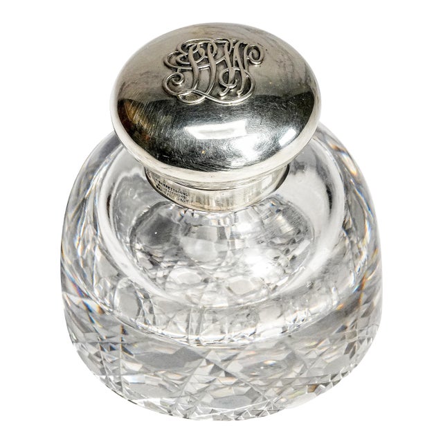 Beautiful Large Antique English Edwardian Sterling Silver Cut Crystal Hobnail Paperweight Desk Inkwell Home Decor For Sale