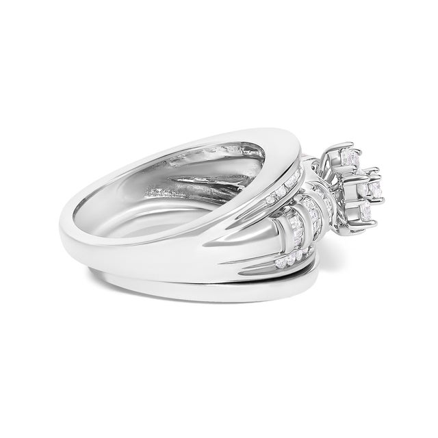 Contemporary 14K White Gold 1.0 Cttw Round and Baguette Diamond Cluster Bridal Set, Size 7 For Sale - Image 3 of 6