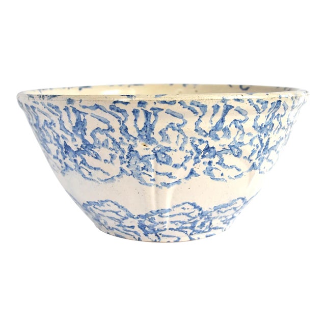 Antique Large 19th-Century Blue and White Spongeware Bowl For Sale
