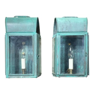 Pair of Antique Verdigris Copper Wall Lanterns – Converted & Electrified For Sale
