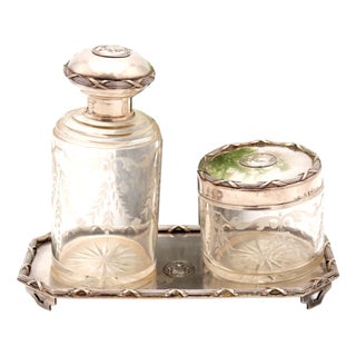 Toiletry Set with Silver Tray and Acid-Etched Glass Bottles with Silver Lids and Embossed Trim, Set of 3 For Sale
