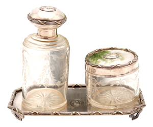 Toiletry Set with Silver Tray and Acid-Etched Glass Bottles with Silver Lids and Embossed Trim, Set of 3