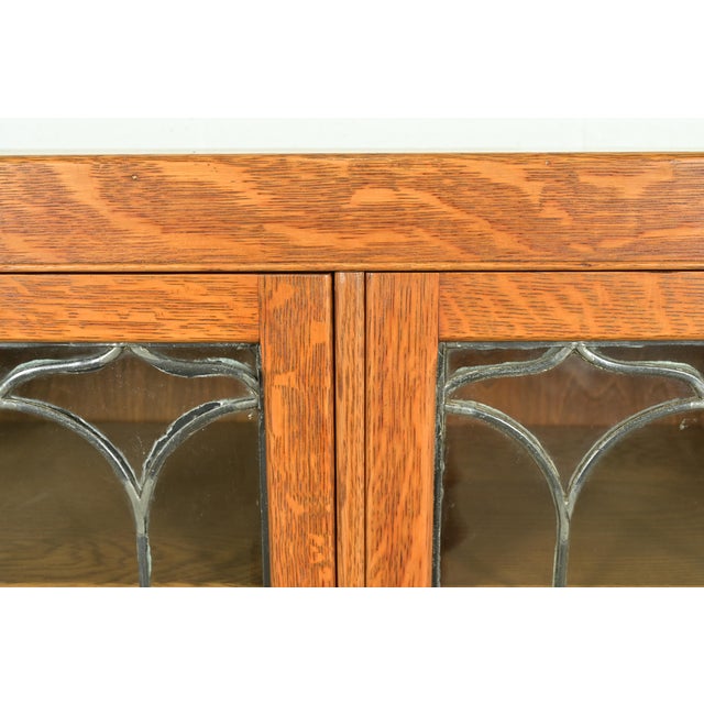 Brown R. J. Horner Style Antique American Empire Carved Tiger Oak Double Bookcase Cabinet With Leaded Glass Doors, Circa 1890s For Sale - Image 8 of 14