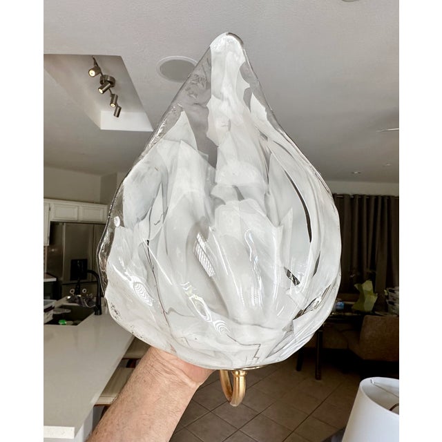 Pair Mazzega Murano White & Clear Glass Leaf Wall Sconces For Sale - Image 9 of 15