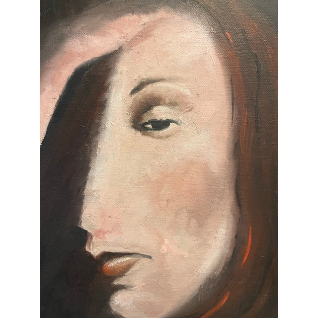 Vintage 1979 Signed Oil Portrait | Moody Chiaroscuro Woman With Auburn Hair | Framed Mid-Century Style Wall Art For Sale - Image 4 of 7