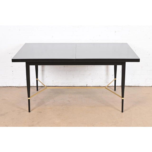 Black Paul McCobb for Directional Black Lacquer and Brass Extension Dining Table, Newly Refinished For Sale - Image 8 of 12