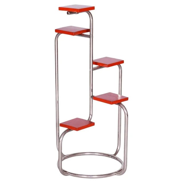 Red Bauhaus Plant Stand in Chrome and Lacquered Wood, Former Czechoslovakia, 1930s For Sale - Image 8 of 8