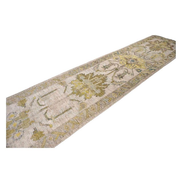 Turkish 21st Century Turkish Oushak Wool 3x19 Gold & Ivory Handmade Runner Rug #1144106 For Sale - Image 3 of 10
