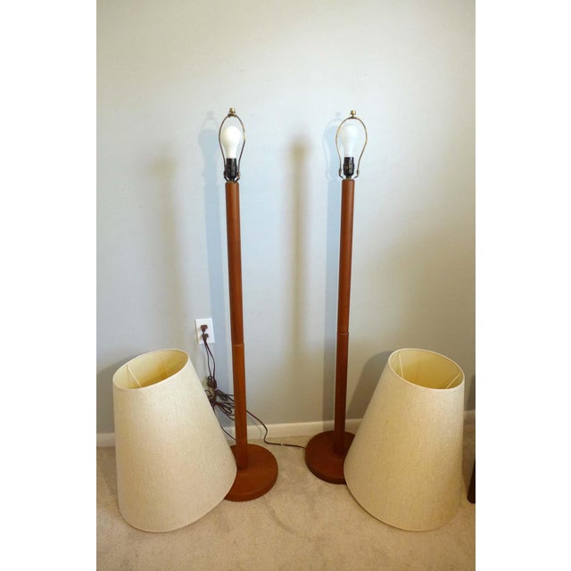 MidCentury Modern Teak Floor Lamps With Linen Drum Shades a Pair