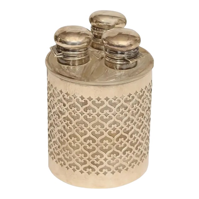 Antique French Sterling Silver and Glass 3 Scent Bottle Caddy For Sale