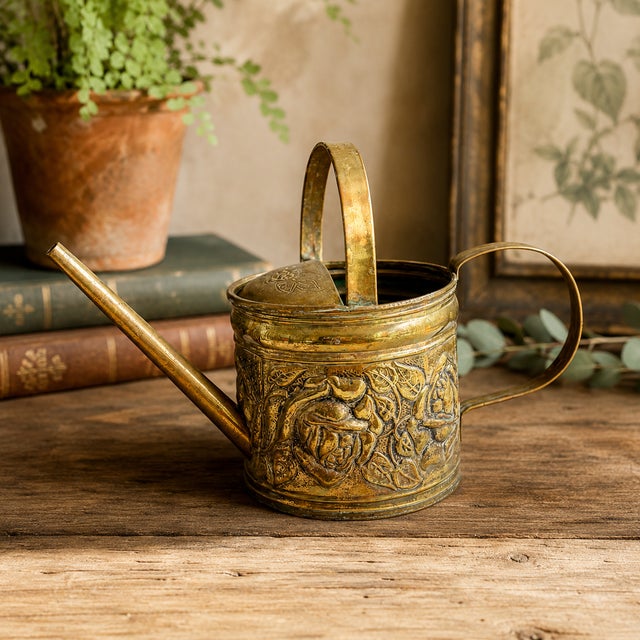 English Vintage Embossed Brass Floral Watering Can With Roses For Sale - Image 3 of 11