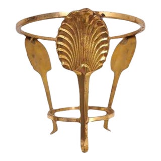 Vintage Brass Plant Stand Ball Holder 3 Leg 5" Tall Palm Leaves Sea Shell Decor For Sale