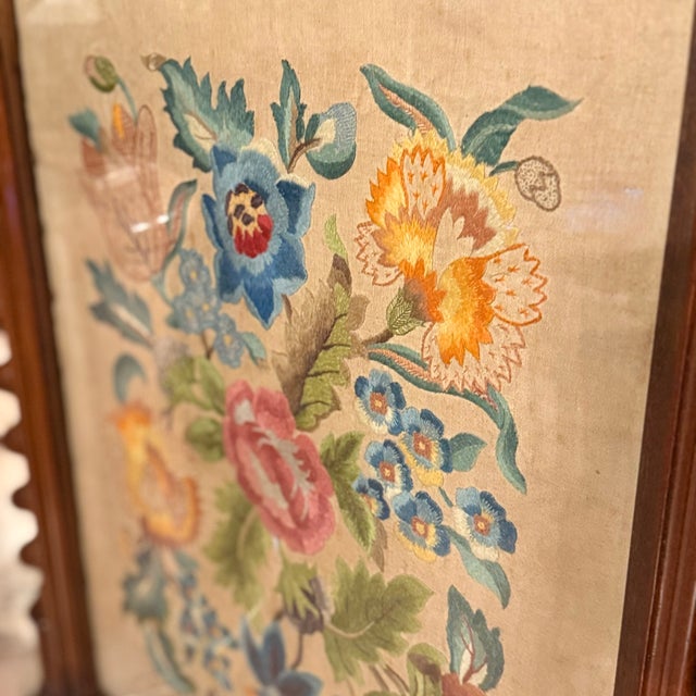 Late 19th Century Victorian Carved Walnut Antique Floral Needlepoint Fire Screen Panel Art For Sale In Los Angeles - Image 6 of 7
