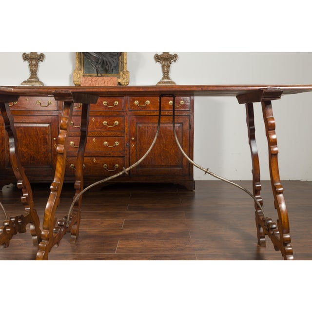 Pair of Spanish Baroque Style 1880s Walnut Console Tables with Iron Stretchers For Sale - Image 12 of 12