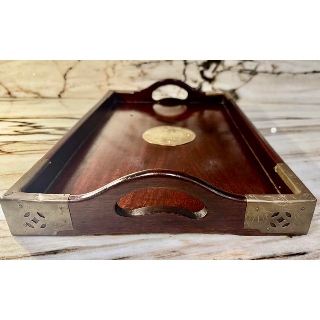 Chinese Mid-20th Century Chinese Rosewood Chinese Rosewood Tray Brass Mounts & Medallion For Sale - Image 3 of 6